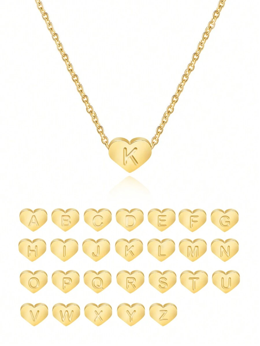 女士不锈钢金色心形和字母项链 - 項鍊 - 查看 1