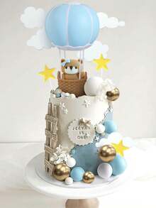 28pcs Or 1pc Bear Cake Decorations, Blue Hot Air Balloon Cake Decorations, Star Cloud Colorful Foam Ball Cake Decorations, Suitable For Birthday Party Baptism Gender Reveal Party Newborn Party Cake Decorations, Party Table Decorations, Bear Theme Party Supplies, Bow Bear Treasure Home Car Decoration Bedroom Decoration - Blue - View 4