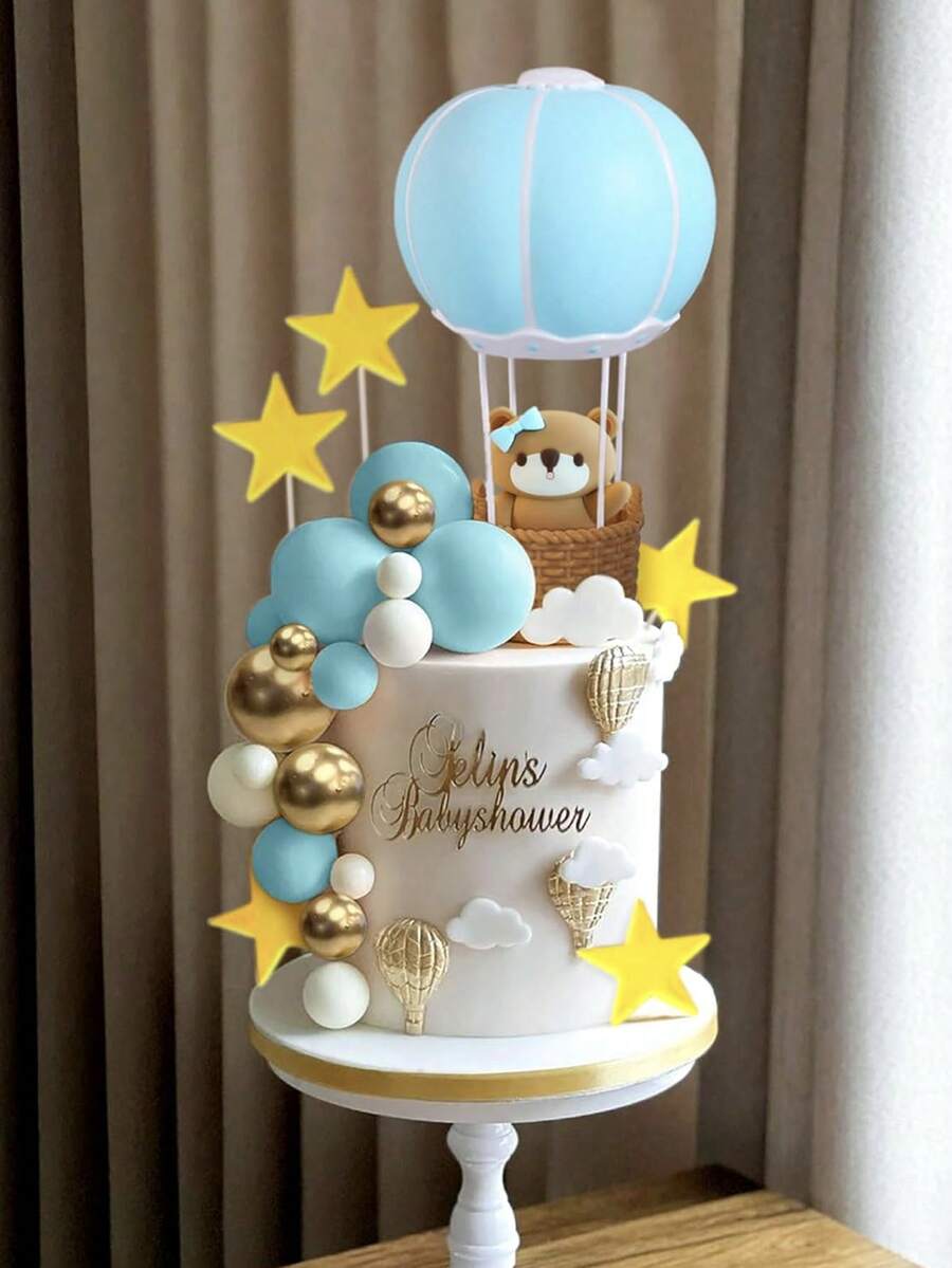 28pcs Or 1pc Bear Cake Decorations, Blue Hot Air Balloon Cake Decorations, Star Cloud Colorful Foam Ball Cake Decorations, Suitable For Birthday Party Baptism Gender Reveal Party Newborn Party Cake Decorations, Party Table Decorations, Bear Theme Party Supplies, Bow Bear Treasure Home Car Decoration Bedroom Decoration - Blue - View 1