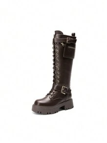 Women's Combat Riding Platform Knee High Boots, Lace Up Fall Lug Sole Gothic Motorcycle Boots With Inside Zipper - màu nâu - Xem 4