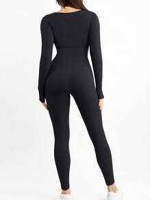 Women's Athletic Solid Color Seamless Long Sleeve Shaping Yoga Jumpsuit, Plain Slim-Fitting Thumb Holes U Neck Butt-Lifting Shapewear, Basic Sportswear - màu đen - Xem 2