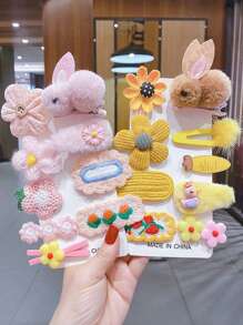 18pcs/Set OPP Packaging No Card Cute Rabbit & Flower Decor Side Bangs Hair Clips & Hairpins Headwear Set For Girls - Multicolor - View 1