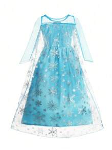 浅蓝色亮片装饰网纱女童连衣裙，配魔法棒皇冠配饰，休闲女童连衣裙，春夏秋冬新款，适合中东开斋节、普珥节、郊游、派对、生日及其他活动