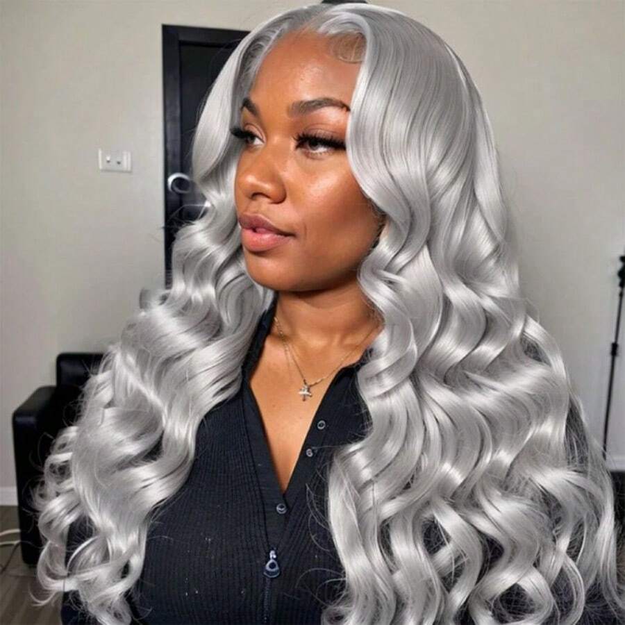 Silvery Gray Lace Front Wig For Women - 28" Long Wavy Synthetic Hair Wigs, Loose Wavy & Curly Synthetic Lace Front Wig With Heat Resistance, Soft Body Wave Texture - Màu xám bạc - Xem 1
