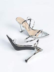 Women's Sexy Open Toe One-Strap High Heel Sandals, Metallic Elegant Electroplated Silver Color Stilettos, Suitable For Outdoor Travel, Gatherings, Parties, Nightclub, Fashion High Heel Pointed Toe Sandals