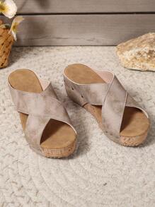 New Cross Strap Platform Slide Sandals, Casual Fashion Wedge Slippers, Outdoor Versatile Anti-Slip & Odor Resistant Lightweight Sandals Valentines - Beige - View 3