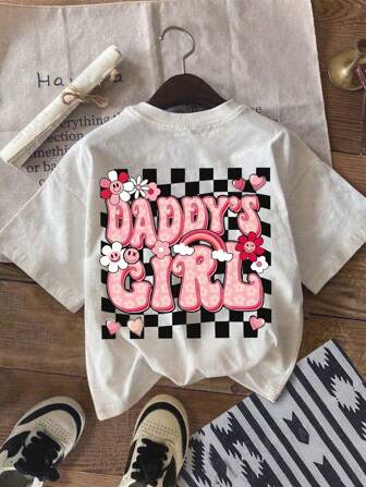 Tween Girl 休闲简约可爱女孩花朵图案口号印花套头 T 恤圆领短袖春夏新款。