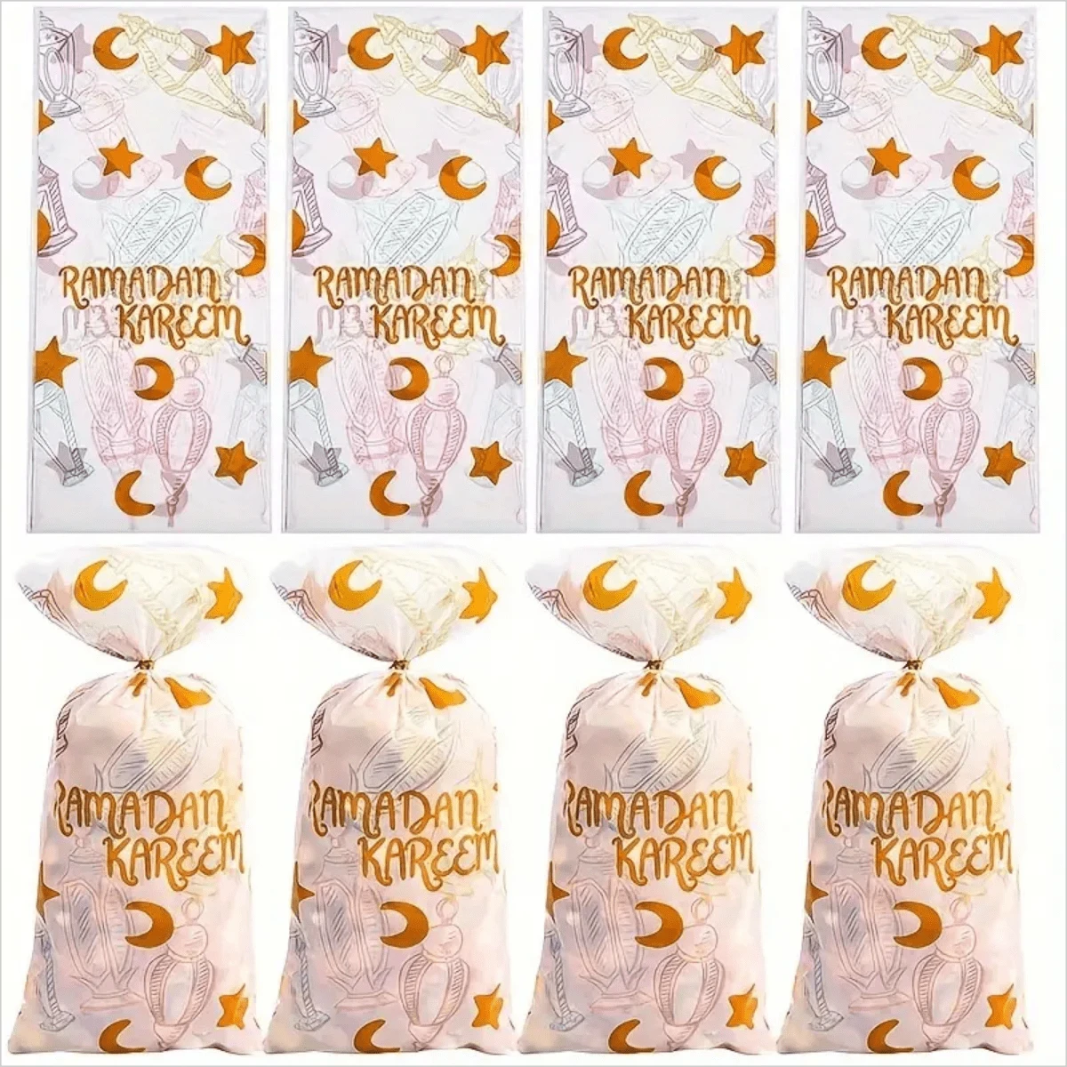 50pcs Ramadan Party Transparent Plastic Bags With Star And Moon Patterns, Suitable For Packaging Food, Candy And Gifts