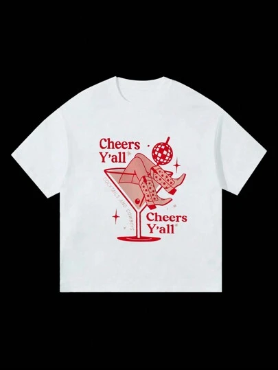 Cheers Print Casual Round Neck Street Style Loose T-Shirt