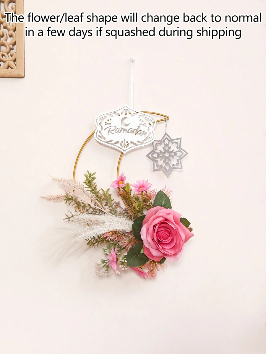 1 pieza Decoración colgante de hierro con rosa/crisantemo simulado y luna, para puerta principal, sala de estar, escalera, ventana/patio y jardín exterior, decoración colgante de luna de Eid