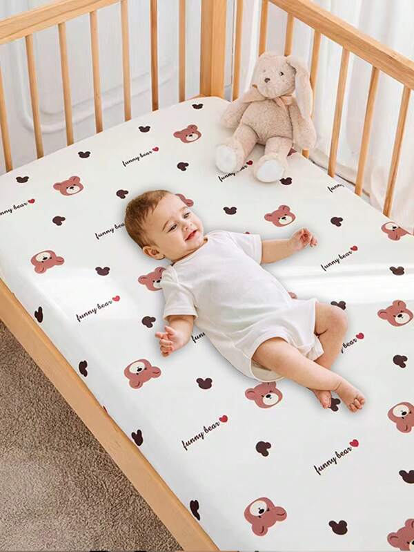 1pc Baby Crib Mattress Cover 120*60cm, Cartoon Print, Breathable & Absorbent, Suitable For All Seasons, Detachable Mattress Pad Love Valentine