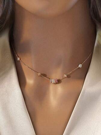 Newsoul 1pc 925 Sterling Silver Cubic Zirconia Rainbow Pattern Necklace, Elegant Anniversary Gift For Girlfriend