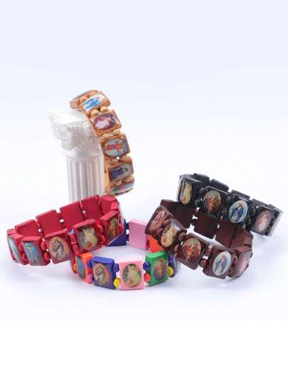 1pc Creative Delicate Natural Wooden Bracelet, Unisex Religious Virgin Mary & Priest Sticker, Colored Oil Drop Decor, Black Versatile Charm Bangle