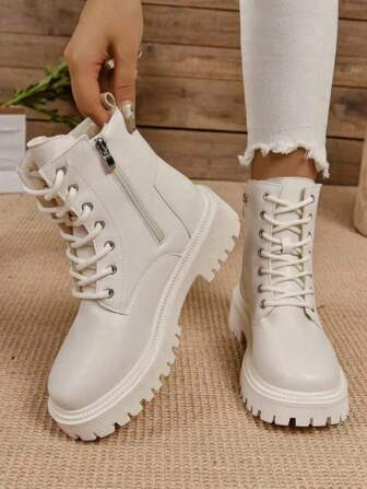 Fall/Winter 2025 Winter New Boots, Warmly Padded Women Boots, Fashion Casual Women Shoes, Leather Ankle Boots, Black & White Short Boots, Lace-Up & Side Zipper Women Boots Shorts,Fashion Match Black Dress