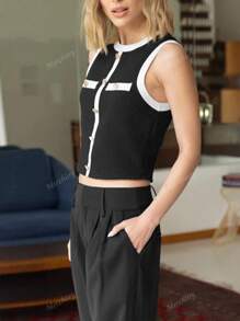 Nouveau modèle européen et américain d'été Débardeur casual en maille avec empiècement contrasté sans manches. Sophistiqué, coupe slim, polyvalent pour un usage quotidien