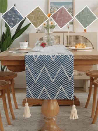 1 Piece Nordic Style Navy Blue Geometric Floral Pattern Tassel Decor Table Runner, Suitable For Kitchen, Dining Table Decoration, W-Shaped Jacquard Pink Tablecloth