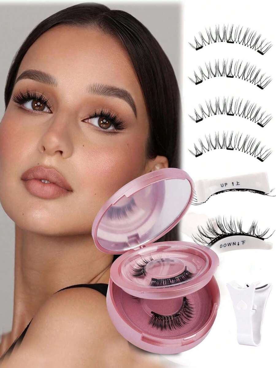 2对磁性假睫毛，可重复使用，自然妆效，含佩戴器，无需胶水，易于佩戴和卸除（磁性假睫毛） - 自然纖長款 - 查看 1