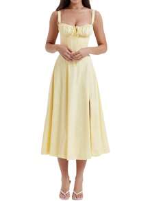 Women Summer Dress Solid Color Sleeveless Bandage Party A-Line Dress For Cocktail Nightclub Beach - 黃色 - 查看 1