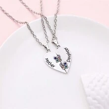 2pcs/Set Heart-Shaped Butterfly Pattern Gemstone Inlay Pendant Necklace, Fashion Mother's Day Jewelry Gift Valentines,Mom,Mother,Mother's Day,Gift