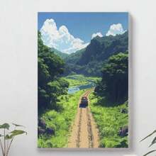 Textile Canvas Poster – Scenic Countryside Dirt Road Print   Effect Wall Art For Home, Office, Living Room, Bedroom – Abstract Landscape Artwork Without Frame