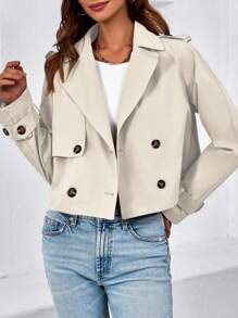 Womens Cropped Trench Coat Lapel Double Breasted Short Jacket Outwear Christmas Gift & New Year Gift - Màu be - Xem 2