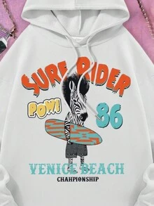 Sudadera con capucha blanca oversized y casual de mujer con gráfico de cebra y estampado colorido de letras, forro térmico cálido, diseño con cordón, adecuada para clima frío