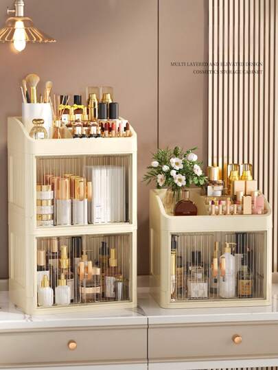 大容量透明化妆品收纳盒 - 多层滑动抽屉式，适用于化妆品、护肤品和口红 - 轻质塑料梳妆台收纳盒，适用于假日海滩、浴室收纳、卧室收纳，大容量