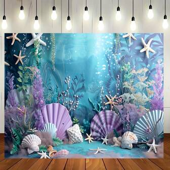 美人鱼海洋主题摄影背景布 - 紫色和蓝色，海星和贝壳图案，适用于生日派对和拍照亭，多功能聚酯装饰