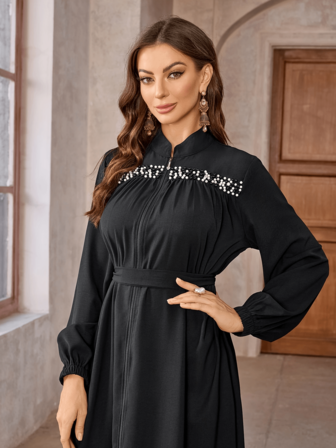 女士优雅纯色土耳其长袍，珍珠点缀，长袖前拉链系腰带长袍