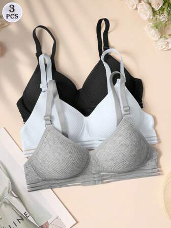 3pcs Teen Solid Color Striped Mesh Bra, Comfortable Fixed Bra Pad, Suitable For Girls Aged 13-16