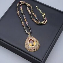 复古宝石女士首饰套装：土耳其苏丹石变色绿柱石天然原石串珠吊坠项链、耳环、开口戒指、毛衣链装饰，适合派对礼服