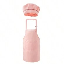 1 Set Children's Skin-Friendly Apron And Chef Hat, Pockets For Cooking, Baking, Drawing, Training, Adjustable Neck Strap, Elastic Hat, Ages 3-14