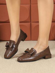 Damen elegante Schleife Dekoration Quadrat Zeh High Heel Pumps, klassischer retro britischer Stil Slip-On Flats, neue lässige weiche Leder bequeme Plateau Damen Schuhe, tägliche vielseitige braune Loafer
