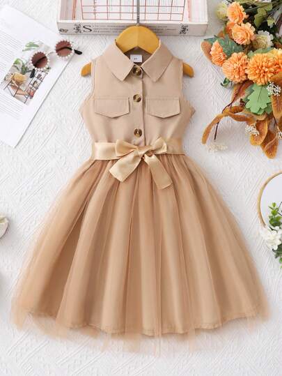 Young Girl' Solid Color Collared Sleeveless Mesh Dress With Woven Belt