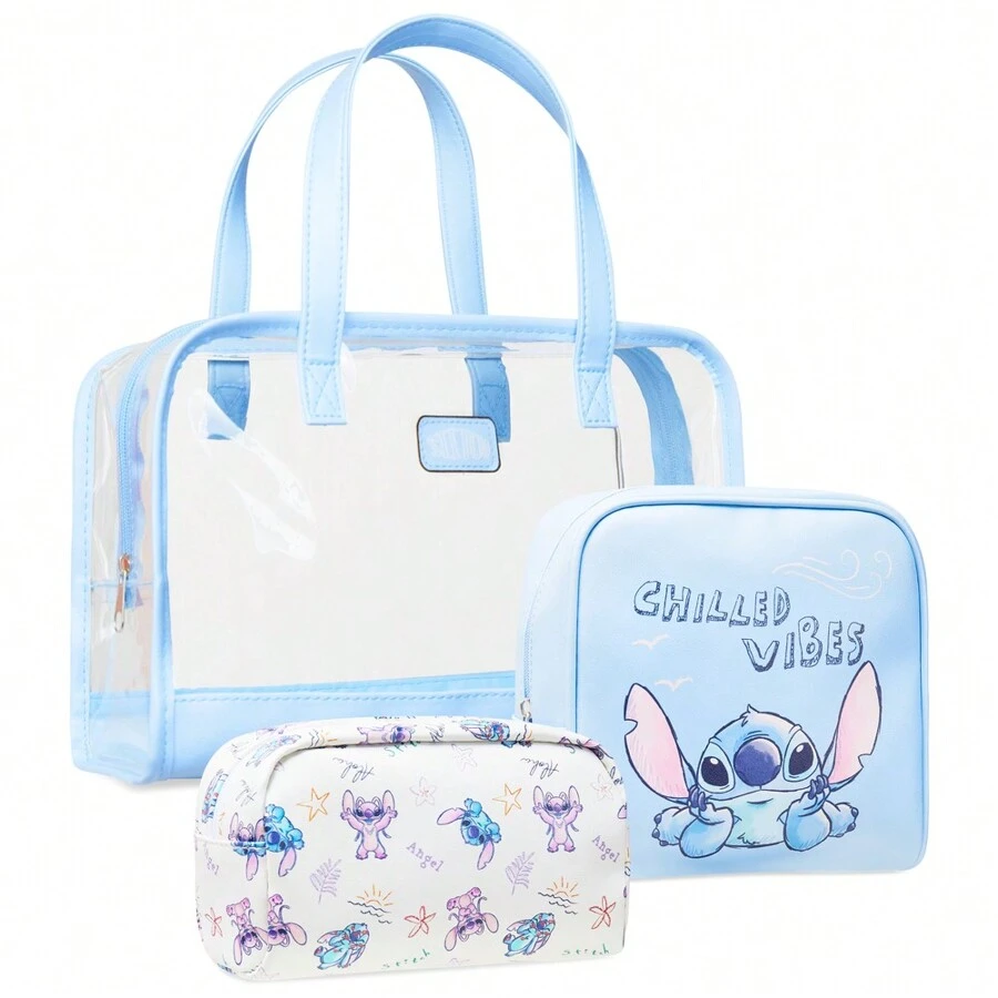 Disney Stitch Toiletry Bag Set Zipped Wash Make Up Travel Essentials Options Refillable Bottles Toiletries Holiday Gym - Blue - View 1