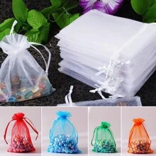 50/100pcs White Organza Gift Bags, New Year Party Candy Bags, Wedding Favor Bags, New Year Party Colorful Drawstring Organza Bags With Ribbons, Multiple Sizes, Baking Packaging Bags, Jewelry Gift Bags, Suitable For Weddings, Back To School Gifts, Family Gatherings, Celebrations, Outdoor Parties, All Seasons, Can Also Be Used As Fruit Protection Bags