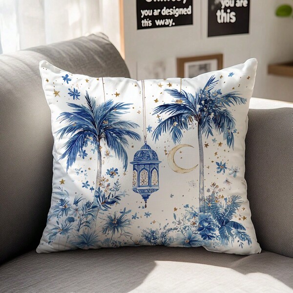 1pc Blue Palm Tree & Moon Pattern Cushion Cover, Single-Sided Soft Peach Velvet Fabric, 45*45CM Pillow Case, Suitable For Home Decor, Party Decor, Gift