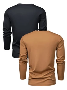 2 chiếc áo thun nam tay dài cổ tròn màu trơn, thường ngày, quần áo mùa thu - Nhiều màu - Xem 2