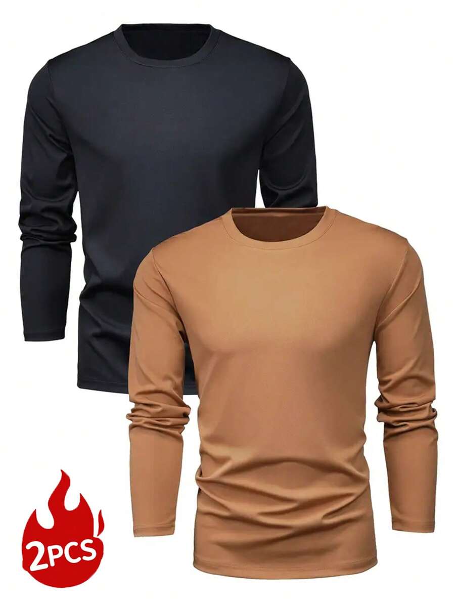 2 chiếc áo thun nam tay dài cổ tròn màu trơn, thường ngày, quần áo mùa thu - Nhiều màu - Xem 1
