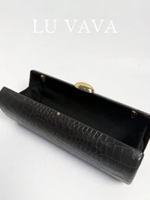 1个秋冬长款法棍包，PU材质，鳄鱼纹压花图案，黑色，百搭。鳄鱼纹压花手拿包，金色纽扣装饰，适合女性日常通勤、购物、约会、正式场合和婚礼。 - 黑色 - 查看 5
