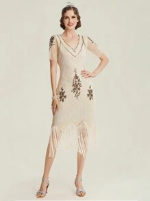 BABEYOND 1920s Art Deco Fringed Sequin Dress Roaring 20s Flapper Fancy Dress - Màu be - Xem 3