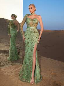 Faeriesty Hochwertig glamouröse asymmetrische Ausschnitt Meerjungfrau Saum Perlen Abendkleider & Abendroben