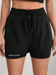 1pc Women's Outdoor Breathable Double Layer Sports Shorts, Summer Activewear Suitable For Running And Workout - Black - View 3