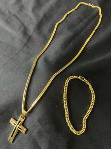 MEN'S SET WITH DOUBLE GROUMET CHAIN AND SPECIAL HOLLOW CROSS PENDANT PLATED IN 24k GOLD - 金色 - 查看 3