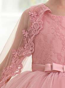 Young Girl Lace Contrast Mesh Cape Dress, Elegant Princess Gown For Easter Party, Girls Birthday Party Dress, Flower Girl Wedding Bridesmaid Ball Gown - Pink - View 3