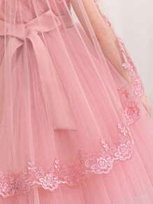 Young Girl Lace Contrast Mesh Cape Dress, Elegant Princess Gown For Easter Party, Girls Birthday Party Dress, Flower Girl Wedding Bridesmaid Ball Gown - Pink - View 4