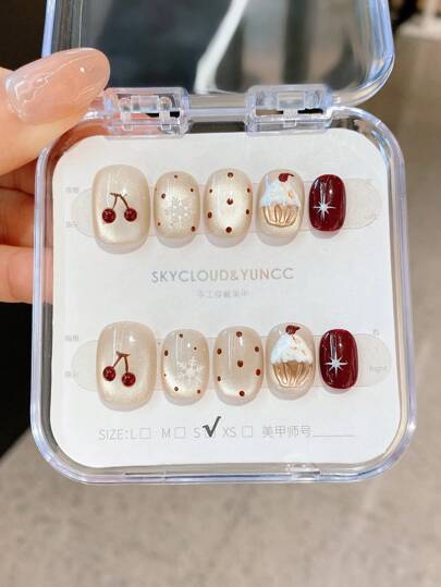 10 件手工美甲贴纸，樱桃、雪花、蛋糕元素、酒红色粘性指甲贴，适用于美甲师指甲，按压指甲，美甲用品