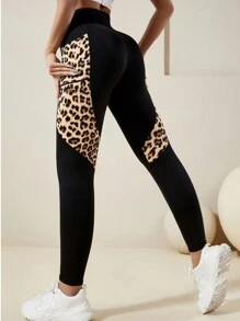 Women High Waisted Leopard Print Pocket Splice Fitness Leggings, High Stretchy Yoga Pants, Athletic & Activewear