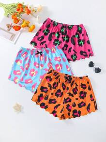 3 piezas Pantalones cortos de estar en casa con estampado de leopardo asimétrico y ribete de lechuga
