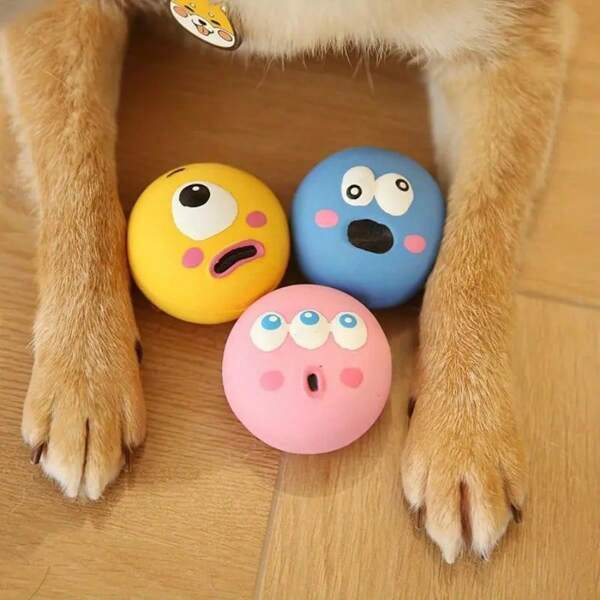 3Pcs/Set Durable Rubber Dog Sounding Toy With Cute Big Eyeball Design, Squeaky Chew Teeth Grinding And Cleaning Ball For Interactive Training
